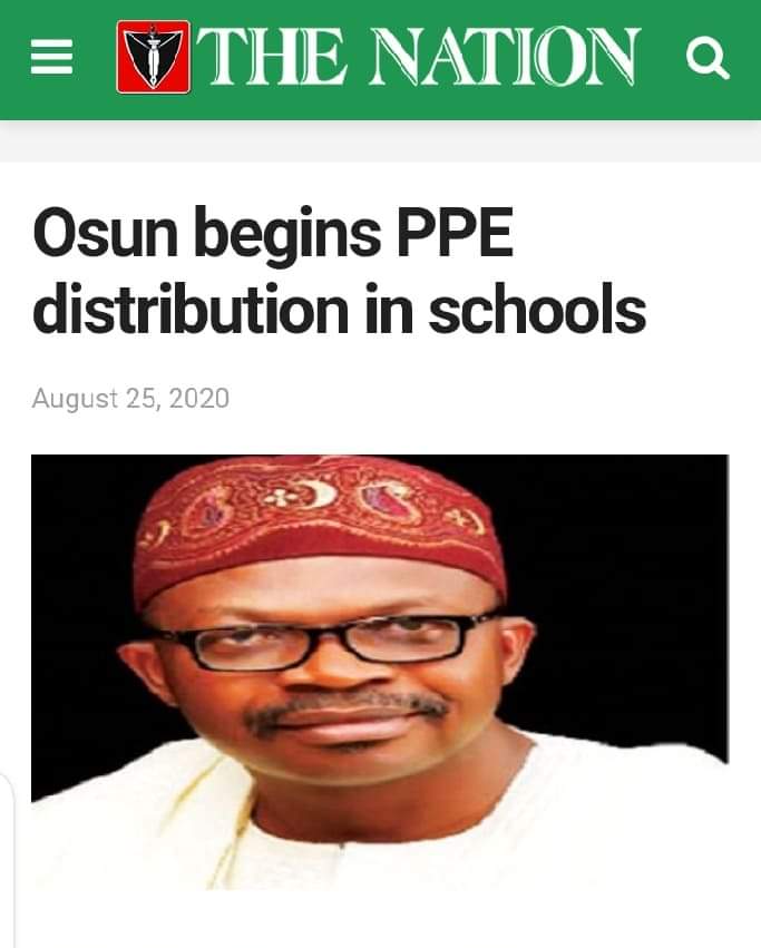 Osun begins PPE distribution in schools

@StateofOsun has begun distribution of COVID-19 protective materials to Junior Secondary Schools in preparation for the full resumption of students.
@DrAhmadLawan <a href="/EduMarshalsOsun/">Osun State Education Marshals</a> <a href="/OsunCPS/">Osun CPS</a> <a href="/OmipidanIsmail/">ismail omipidan</a> <a href="/OsunInformation/">Osun Min of Information</a> <a href="/Osun_edu/">Ministry of Education Osun State</a>
