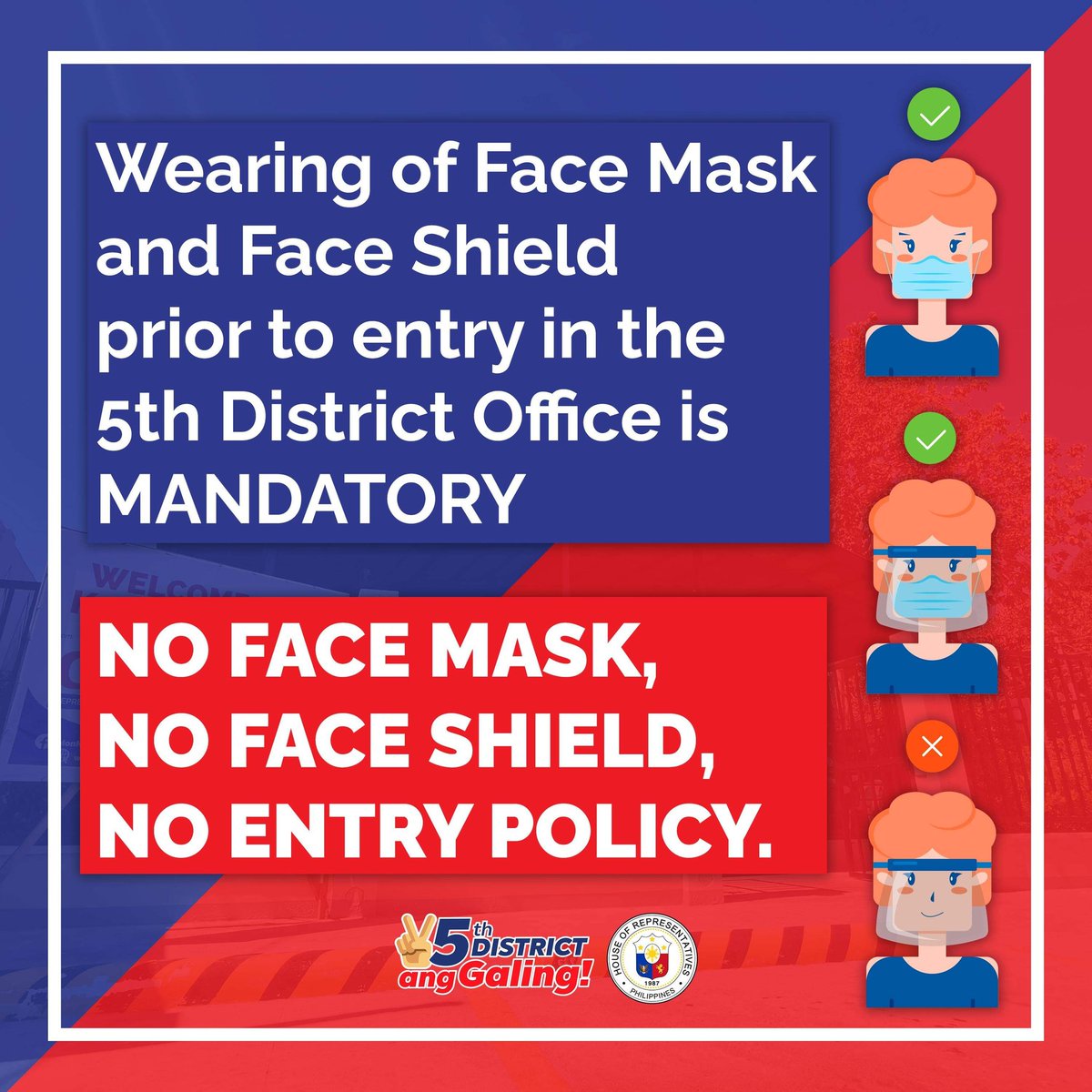 MonMonGuico3's tweet photo. Para sa ating kaligtasan, wearing of Face Mask and Face Shield is a MUST prior to entry in our District and Satellitte Offices! Nagpapasalamat po ako sa inyong kooperasyon.✌️

#5thDistrictAngGaling
#KasamaKita https://t.co/1gAJn4XgEE