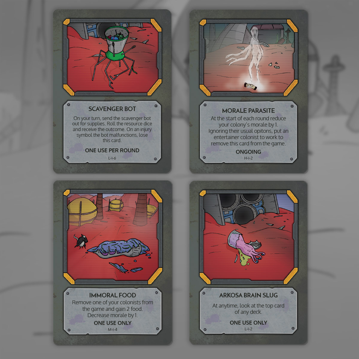 We now have illustrations for some of the item cards in the game. Here's a preview of some things you might find whilst out exploring the Arkosan dunes. Ya might wanna avoid that Morale Parasite... 😬
Find out more about Arkosa here: toonhammer.com/arkosa-game/
#bgg #kickstarter