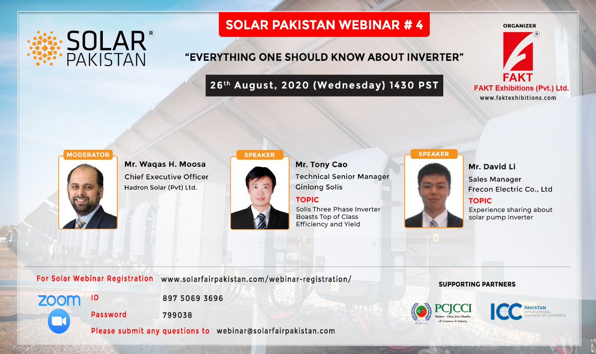 waqasmoosa's tweet photo. I will be moderating a webinar organized by FAKT Exhibitions & Solar Pakistan on Wednesday, 26th August at 2:30 PM.
#HadronSolar #FAKTExhibitions #SolarPakistan #Thankyou https://t.co/uE7eetFAbQ