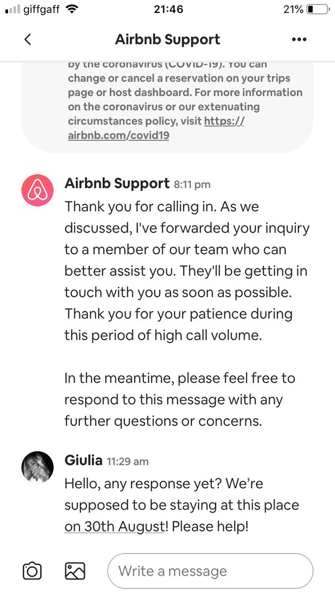 AlidaHair's tweet photo. @Airbnb_uk still no response, no acknowledgement. Booking cancelled nowhere to stay and we are totally ignored despite being promised a call back. I would like to speak with someone please as our holiday is supposed to start this week! https://t.co/0sJfiHGukD
