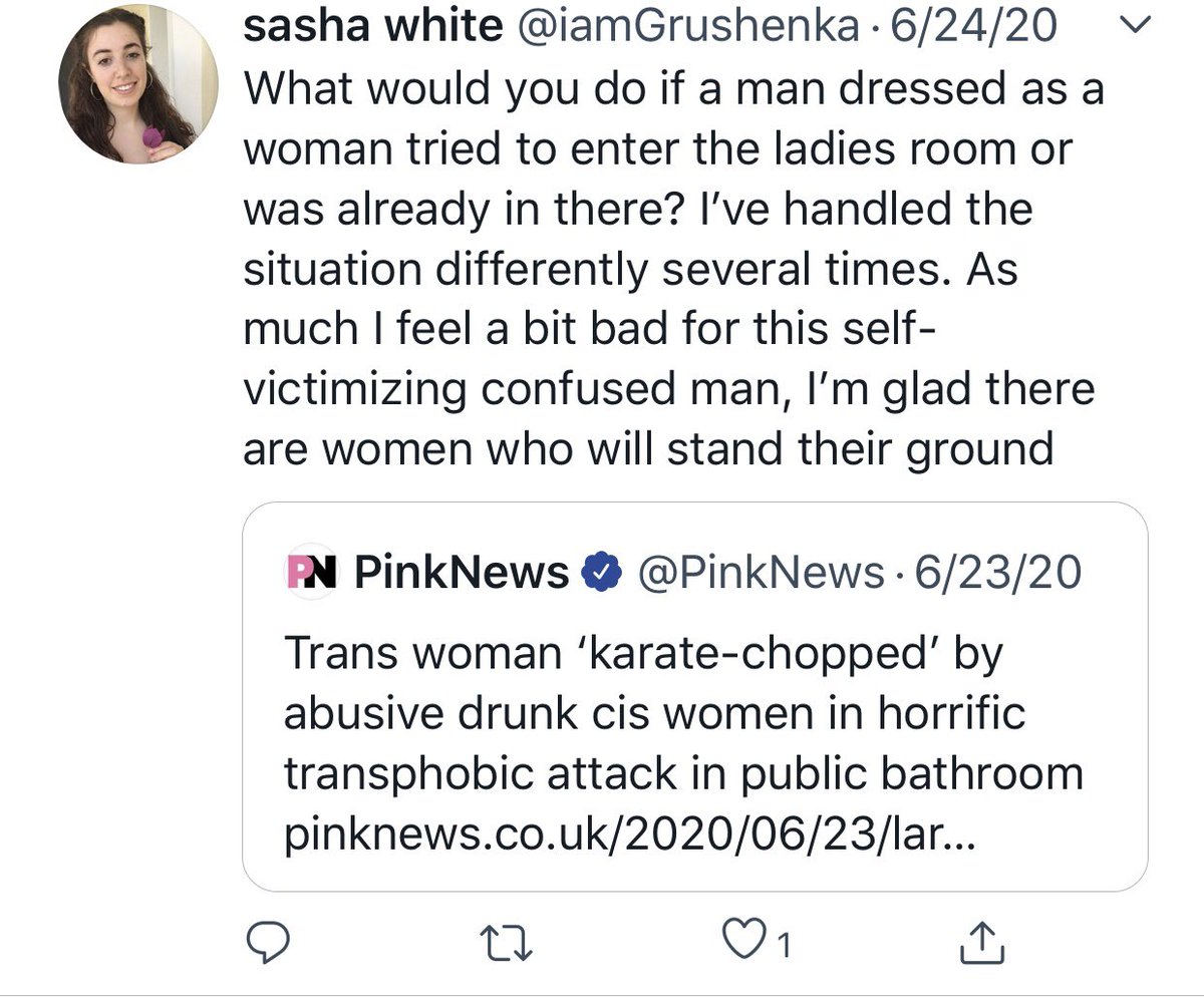 Here we go again #IStandWithSashaWhiteGCers saying someone was fired for "just stating facts" or "knowing biology is real"Here she is victim blaming a trans assault victim, lying about trans healthcare, describing transition as wearing on a wig and laughing at hating trans w