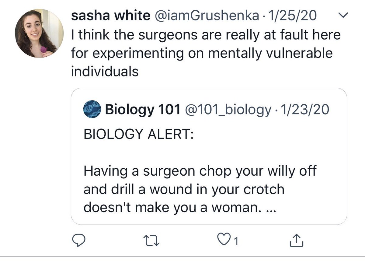  #IStandWithSashaWhiteWhy do you all have to lie about it? Why can't you say "she was fired for believing that it's trans people fault when they're assaulted". Or "fired for disagreeing with the medical consensus on trans healthcare"?Is it because you know your view is shit?