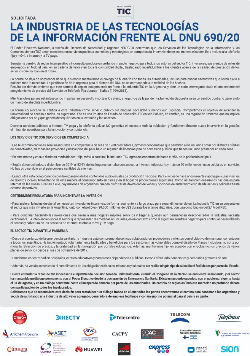 Con el DNU, el gobierno logró lo que nadie en mucho tiempo: la unión de toda (bueno, casi toda) la industria. Si hasta Huawei (China) y AmCham (USA) aparecen en la misma posición. Aquí la solicitada que está en los diarios de hoy