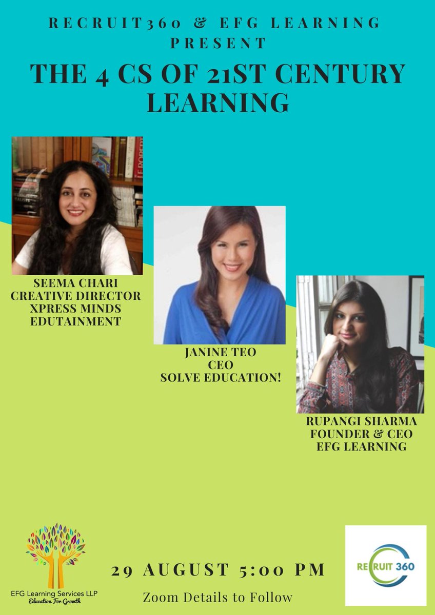 efglearning's tweet photo. Co-hosted by EFG Learning and Recruit360 here's an in depth panel discussion on 'The 4Cs of 21st Century Learning', with fellow panelists, Janine Teo and Seema Chari.

This Saturday, 29th August, at 5 pm. Please DM, if interested in joining. https://t.co/vYp21UYjGT