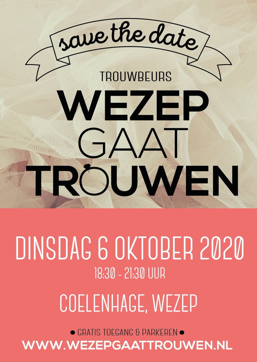 De nieuwe datum van de trouwbeurs is bekend! 

Op dinsdag 6 oktober 2020 zullen wij de 18e editie van de trouwbeurs Wezep gaat Trouwen organiseren! Ook dit jaar zal de trouwbeurs plaatsvinden in 
<a href="/Coelenhage/">Coelenhage</a>
.