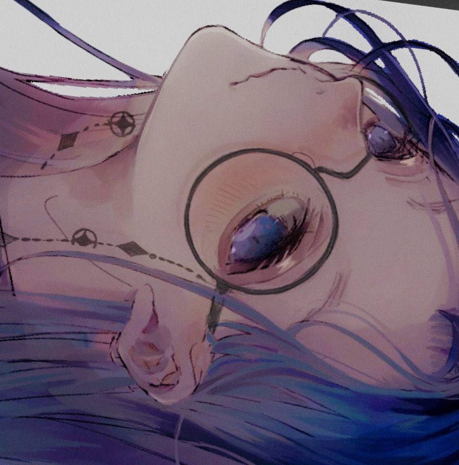 1girl solo glasses sideways portrait looking at viewer blue hair  illustration images