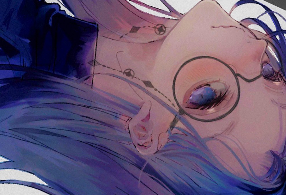 1girl solo glasses sideways portrait looking at viewer blue hair  illustration images