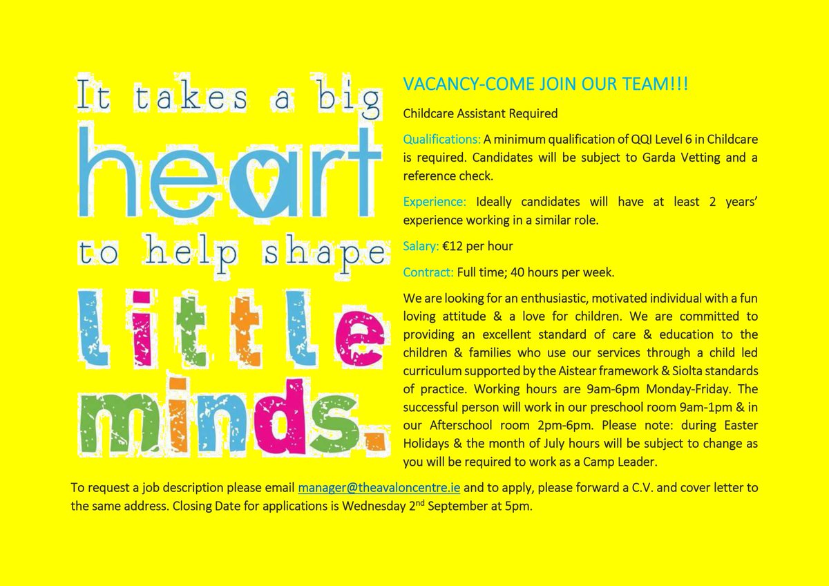 FULL-TIME CHILDCARE ASSISTANT VACANCY
The Avalon Centre is recruiting for a full-time Childcare Assistant. Closing date for applications is Wednesday 2nd September at 5pm.