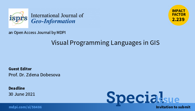 ISPRS_IJGI's tweet photo. #call4papers 
Special Issue "#VisualProgrammingLanguages in #GIS" edited by Prof. Dr. Zdena Dobesova has been newly launched. Welcome your contribution. Please check out  https://t.co/GLcs6NyOAr
Submission Deadline: 30 June 2021
#GraphicalNotation
#ProgrammingEnvironment https://t.co/wmNfsqjXMX