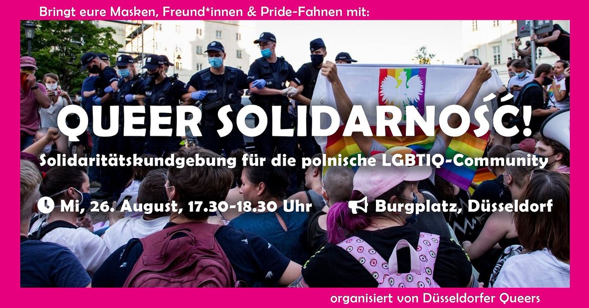 Am Mittwoch, 26.08. 17.30-18.30 h
QUEER SOLIDARNOSC auf dem Burgplatz I. Düsseldorf 
#queerSolidarnosc
#dus2608
facebook.com/events/s/solid… pic.x.com/xbthxjxv6q