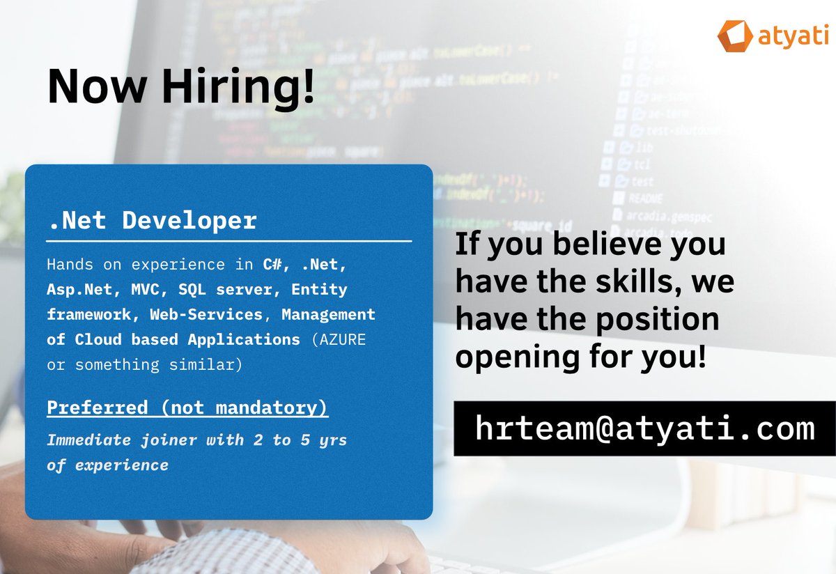 #atyati is currently on the lookout for #.Net Developers to add to our vibrant #ProductDevelopment Team. We are growing actively and adding headcount to enable our company to meet the #financialinclusion mandates laid out for us by our clients.

Tag cloud : #TechJobs #hiring