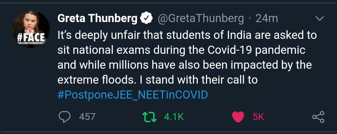 Salika264709884's tweet photo. Thanks Greta for support. We hope that decision will be in favour of students. #MODIJI_POSTPONEJEENEET https://t.co/Y2LDwyXaIl