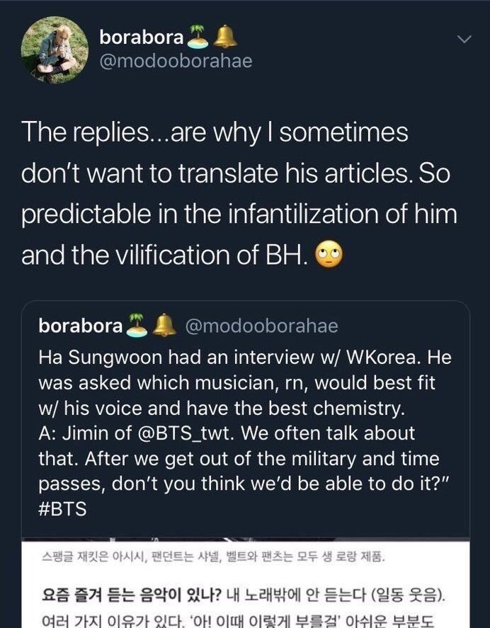 If you don't know about modooborahae j/m anti behaviour:Refused to translate Jm articles just because she got mad at Jm biased ppl who complained about her mistranslations.