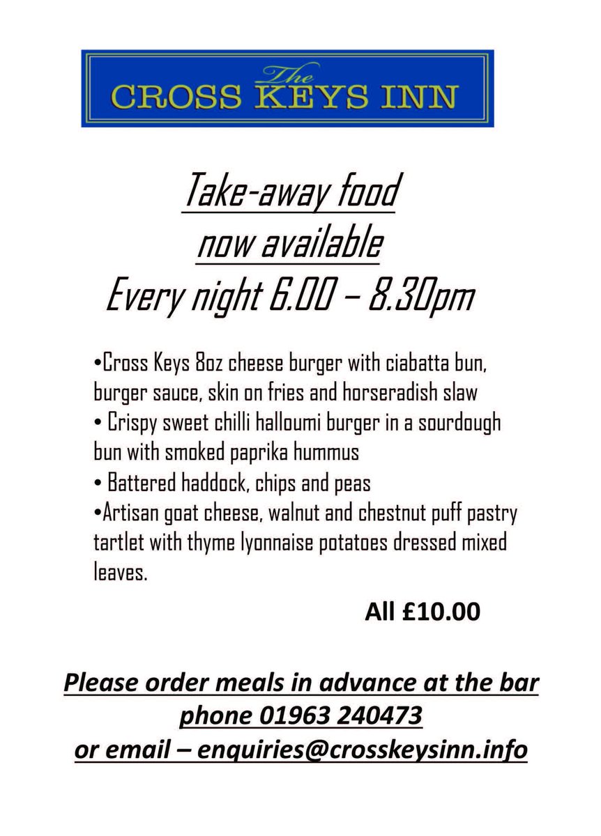Cross Keys Inn (@realcrosskeys) on Twitter photo Looking for an easy supper! Our Menu for take aways has been updated, take a look. To order ring 01963240473 or email: enquiries@crosskeysinn.info Looking for an easy supper! Our Menu for take aways has been updated, take a look. To order ring 01963240473 or email: enquiries@crosskeysinn.info