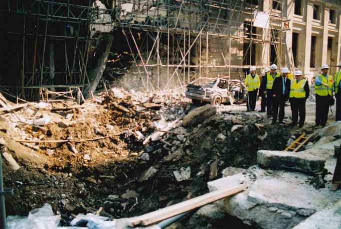 All four major English 1990s bombings left large craters although there seems to be confusion over dimensions. E.g., Vialls reported this Bishopsgate crater was 40 ft deep x 60 ft wide. A police officer said 10 ft wide x 15 ft deep. Newspapers reported 15 ft wide w/no depth.15/