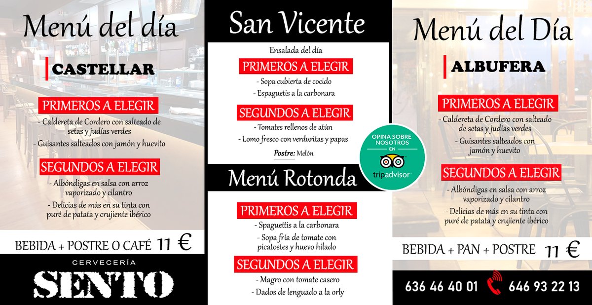 Hoy en las #cervecerías 😋 Sento Rotonda, Castellar en #Alicante, #Albufera y San Vicente del Raspeig tenemos #menú del día‼
