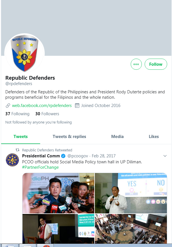 The said group is composed of DDS fandom claimed to be the vanguards of "real change".  #NaDuterte kung baga  #OustDu𓆉  https://www.facebook.com/rpdefenders/videos/?ref=page_internal https://twitter.com/rpdefenders?lang=en