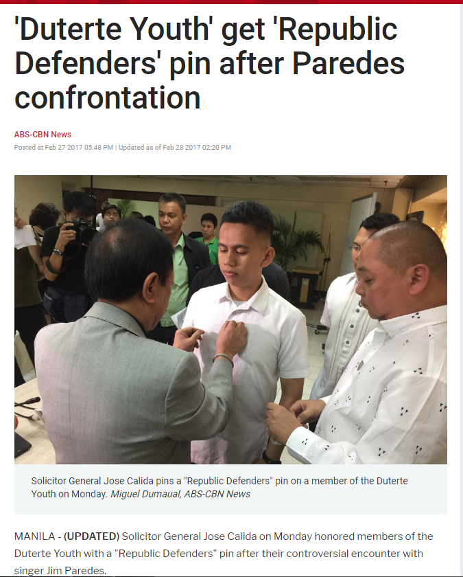  #BokbokCalida hailed Cardema et al and made them members of the group. Wow na wow!  #BawalAngShunga, di ba Com.  @rowena_guanzon? https://news.abs-cbn.com/news/02/27/17/duterte-youth-get-republic-defenders-pin-after-paredes-confrontation