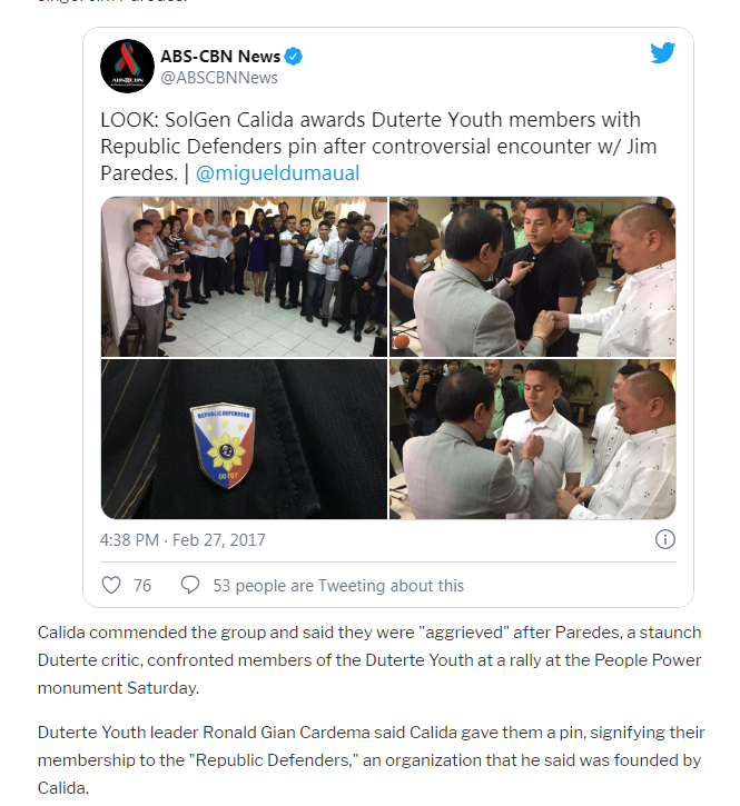  #BokbokCalida hailed Cardema et al and made them members of the group. Wow na wow!  #BawalAngShunga, di ba Com.  @rowena_guanzon? https://news.abs-cbn.com/news/02/27/17/duterte-youth-get-republic-defenders-pin-after-paredes-confrontation