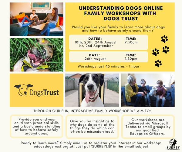 OxtedLibrary's tweet image. There's still time to join the workshop tomorrow.
Find out more about the FREE Dogs Trust Online Educational Workshops - by emailing educ@dogstrust.org.uk. Just pop 'SURREYLIB' in the subject box.
#UnderstandingDogs 
#Workshops #DogsTrust #LibrariesFromHome
@DogsTrust