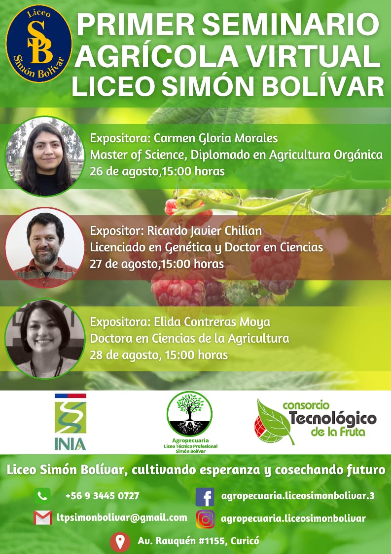 ConsorcioFruta's tweet photo. Participa en el primer seminario agrícola virtual organizado por el Liceo Técnico Profesional Simón Bolivar de Curicó. SZe profundizarán importantes temas relacionados al cultivo de la Frambuesa. @INIARaihuen @SIMFRUITdeASOEX https://t.co/aiG5dF3fht