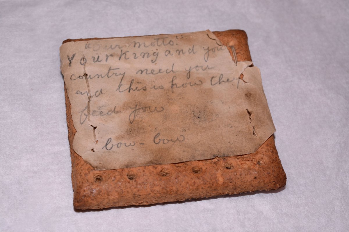 PWRR_Museum's tweet photo. In our quest to #ExploreTheStore this month, we bring you this hardtack biscuit, complete with a message attached. It reads:
“Our motto” Your King and your country need you and this is how they feed you.
#armytigers #fiercepride https://t.co/bbo8SEa0gj