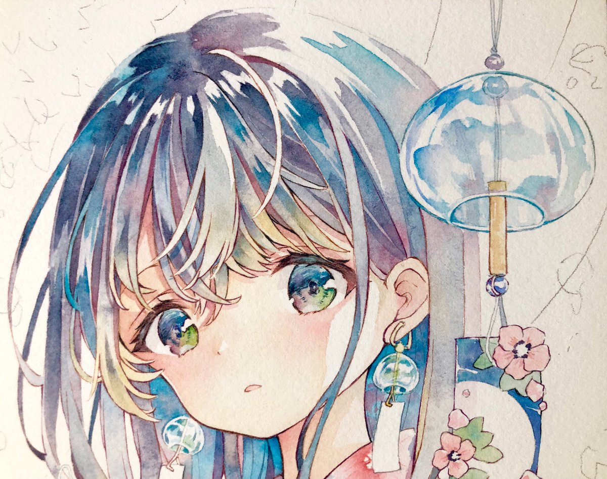 風鈴と浴衣の柄 もうすぐ完成 透明水彩 優子鈴 ゆこりん 透明水彩のイラスト 風鈴と浴衣の柄 もうすぐ完成 透明水彩 優子鈴 ゆこりん 透明水彩のイラスト