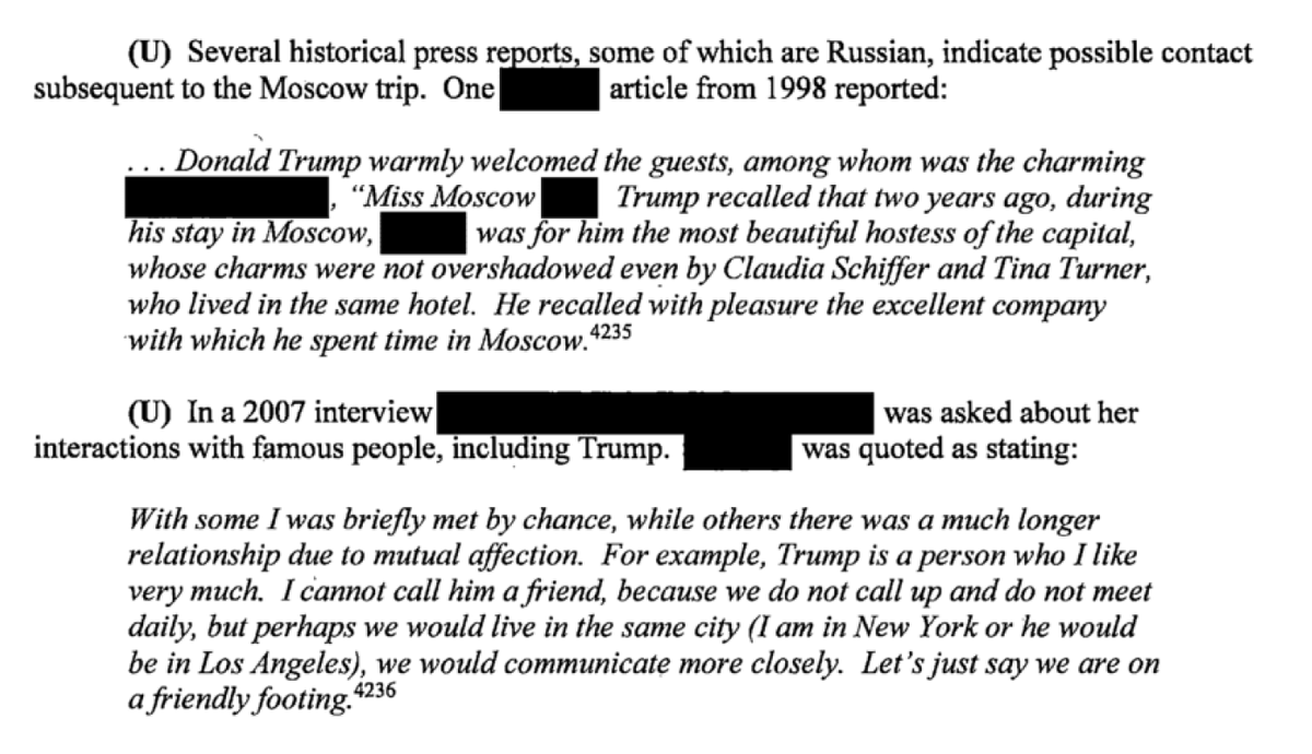 The SSCI also cites Trump's alleged mystery paramour as being written up or quoted in the Russian press -- the sources are redacted, but the first is from 1998 and the second from 2007.