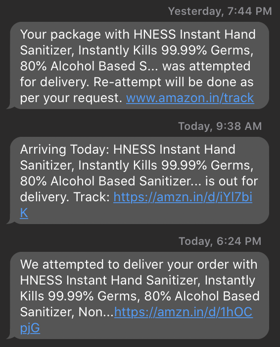 Amazon support message trail with delivery attempt failure notification again today