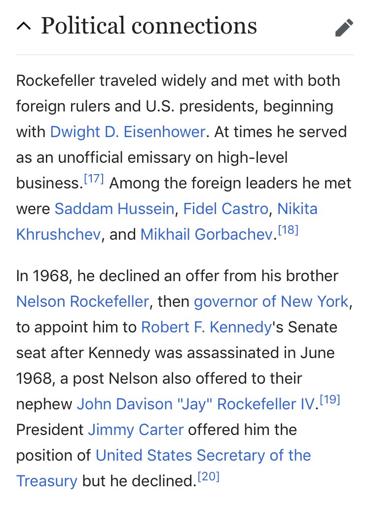 82/ DAVID ROCKEFELLER*Died March 2017 at 101*Name alone should be enough but MAN-Chairman of Council of Foreign Relations (1970-85)-Knew all the evil people-Dulles friend & confidante-Kissinger-Was offered Robert Kennedy’s seat after his death (declined)Jeebus