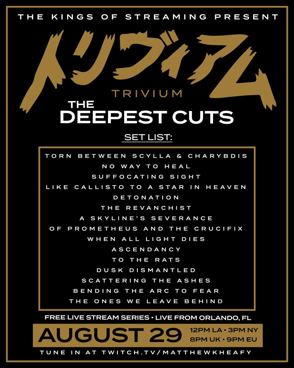TriviumOfficial's tweet image. You asked for deep cuts and we are bringing it to you! Here is the setlist for Saturday’s show, which song are you most looking forward to hearing? See you there!
