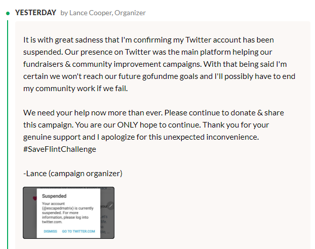 HellFreezesOva's tweet photo. The Big Boss Lance Cooper who we all know and love as @escapedmatrix was suspended for telling the truth. Notice from Lance below. Without his heroic & tireless efforts #SaveFlintChallenge will wither. Please retweet to demand that @TwitterSupport @Jack #ReinstateEscapedMatrix. https://t.co/EGYj5fp9QJ