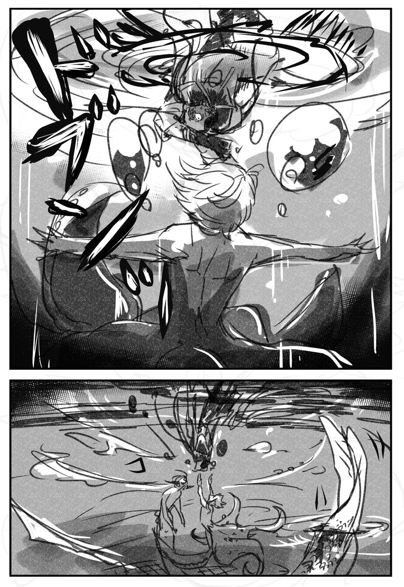 捏造4章最終戦闘漫画の続きです。
28・29・30・31ページ

*捏造展開
*魔法独自解釈
*強めの幻覚
*監督生(顔出しNG)がいます
*雑オブ雑
*4章ネタバレまみれ

捏造の中でもトップオブトップ。人魚の本気。これで、全体の半分が終わった。ここから後半戦。 