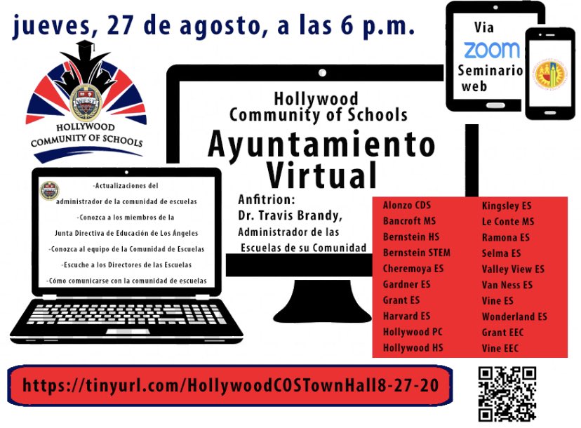 HWood_LAUSD's tweet photo. Please join Hollywood Community of Schools Administrator Dr. Travis Brandy for a Virtual Town Hall meeting on Thursday, August 27 at 6 p.m. RSVP: https://t.co/faooW3b0aZ https://t.co/1lLjENFV3X
