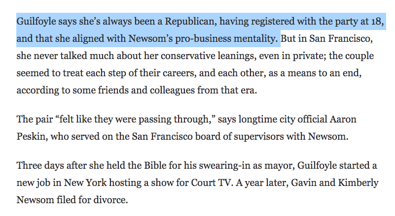 Fascinating, from the 2018 WaPo profile: "Guilfoyle says she’s always been a Republican, having registered with the party at 18, and that she aligned with Newsom’s pro-business mentality. "