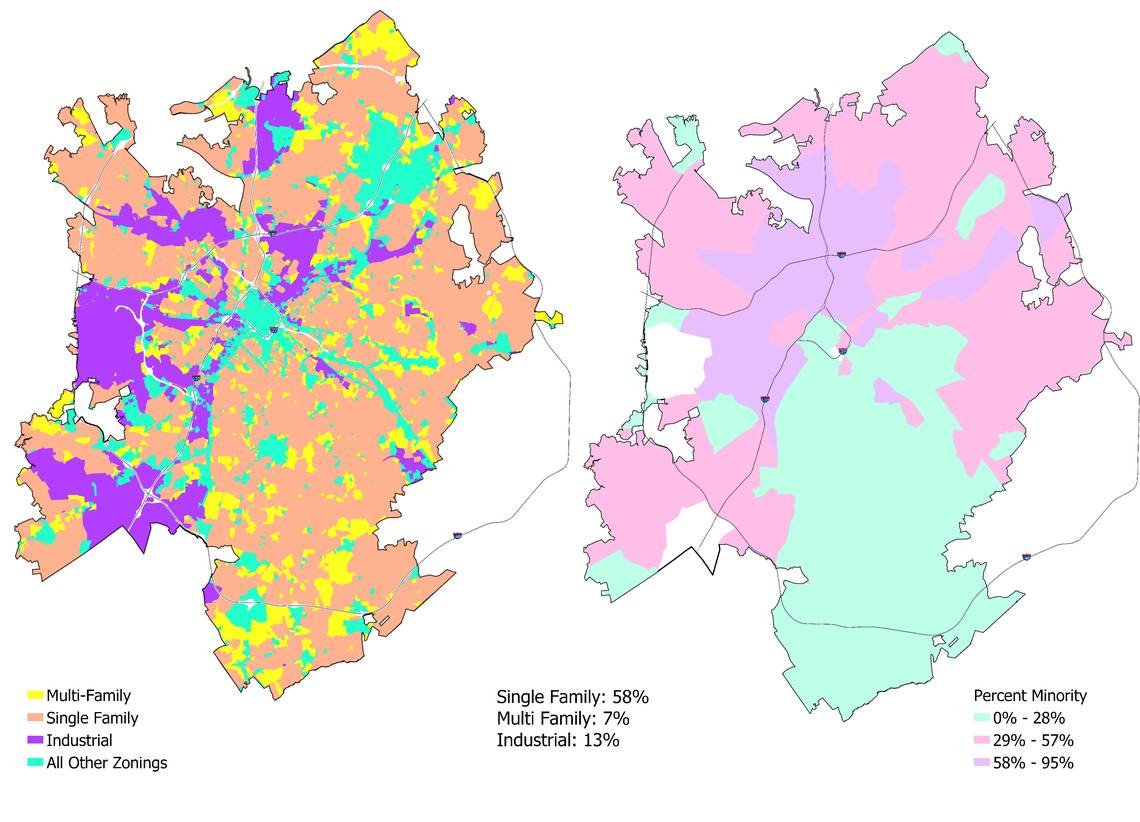 3/ These zoning categories still largely shape segregation in Charlotte and other cities today. Just look at these maps from the city of Charlotte, which show the zoning categories side-by-side with the racial breakdown of the city.