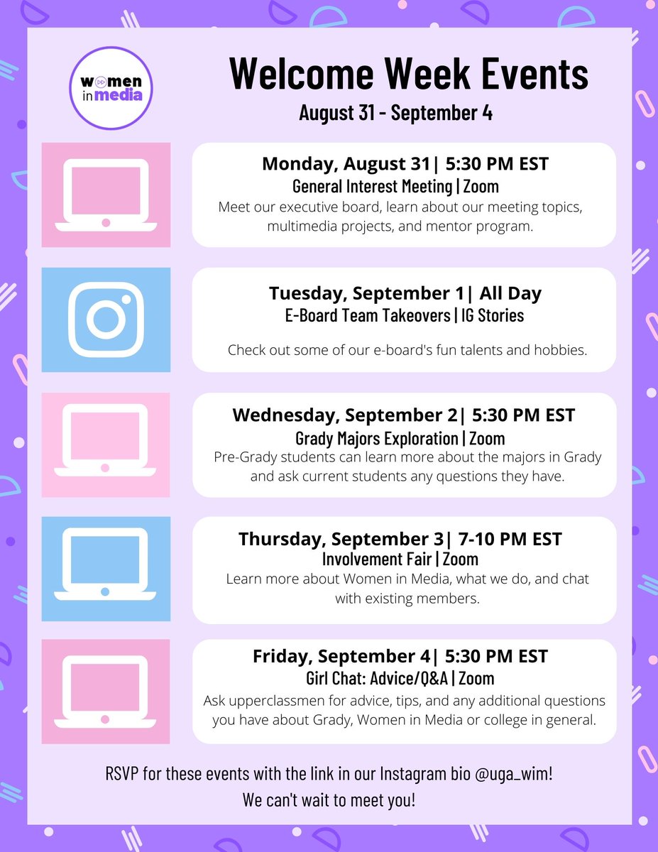 We're so excited to invite all of you to our virtual Welcome Week. From August 31 - September 4, we will hold an online event to share more about Women In Media, Grady, and UGA as a whole! We can't wait to see you there! 

#uga #ugagrady #gradygirlgang #wim #athens #uga2024