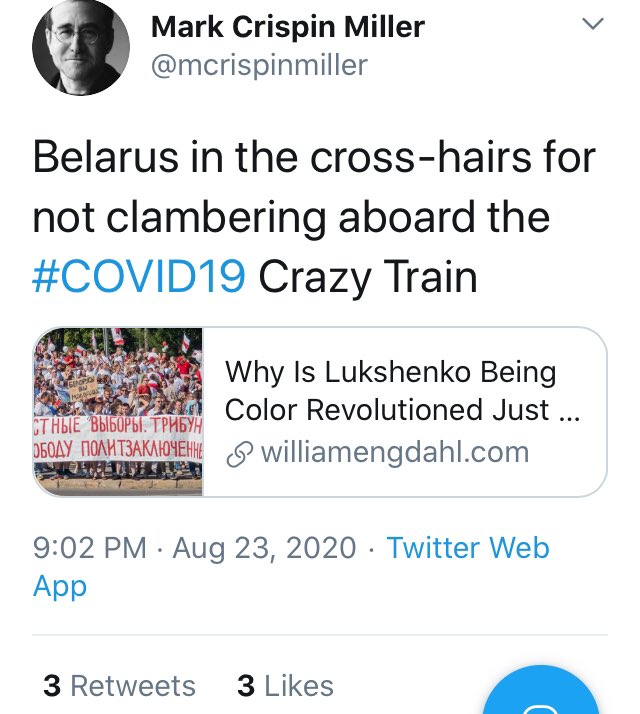 Here’s Engdahl’s weird COVID19/Belarus take being shared by Mark Crispin Miller, a 9/11 Truther and fab of MMR scammer Andrew Wakefield, showing how people who believe one conspiracy theory of them believe another.