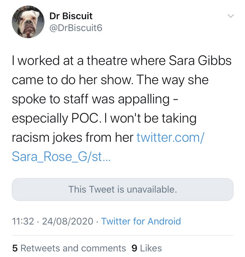Examples of what happened yesterday: one of them made up a story that Sara has done a theatre show and been abusive to People of Colour while she was there (she's never done a theatre show), then the person admitted they'd made it up, basically because she deserved it.