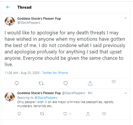 Adding to this thread as  @StaciePoppers has at least apologized in general for supporting/making death threats.We don't (at this time) plan to take down the original post, but we are making sure this screenshot/info is also on the thread.