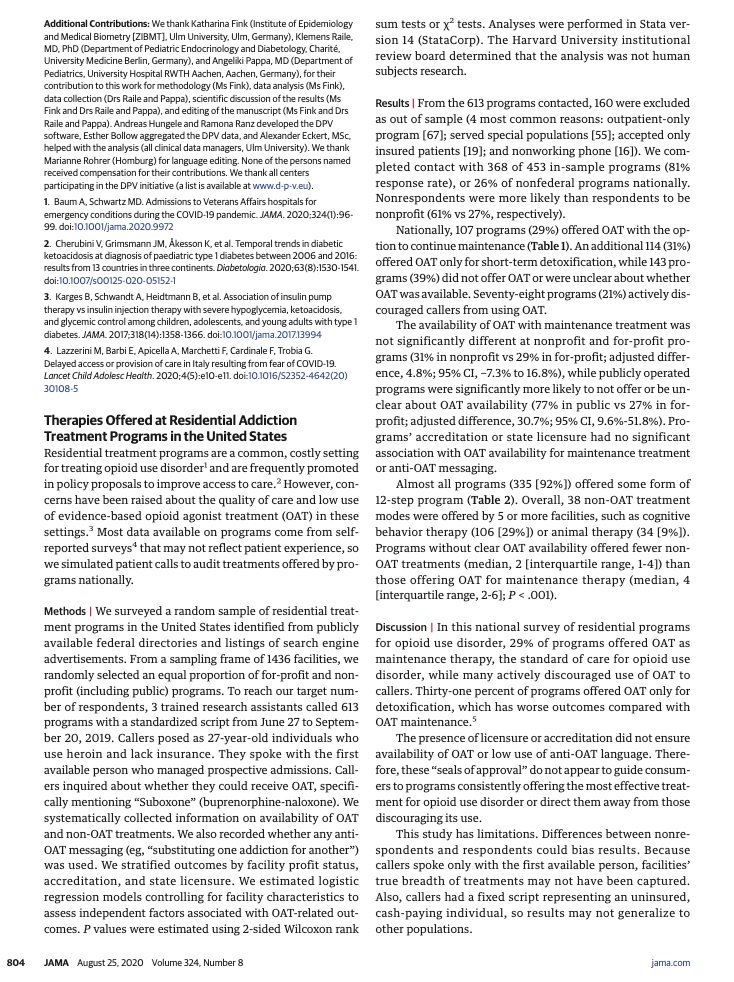 Lots written about shoddy quality at residential addiction programs, but there is little hard data out thereWe set out to get data on what programs offer to potential patientsLed by  @tamarabeetham w/ coauthors  @BrendanSaloner  @DrSarahWakeman + Marema Gaye, Richard Frank