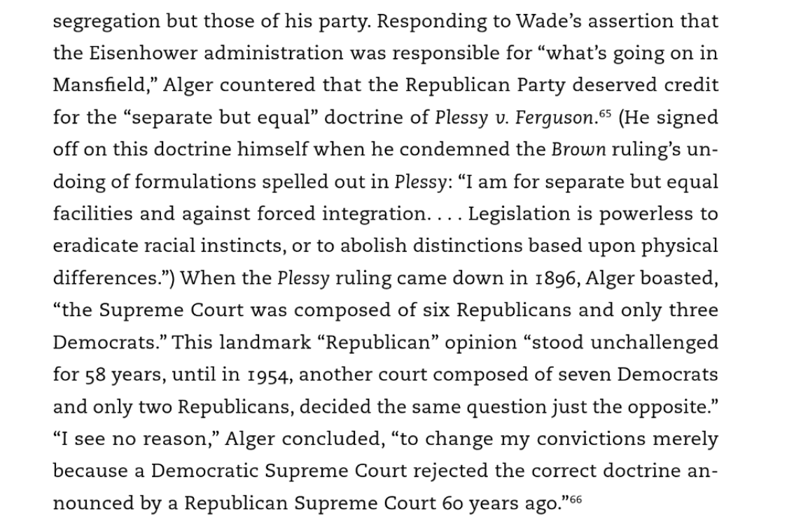 Or consider the first Texas Republican elected to the House after Reconstruction, Bruce Alger of Dallas.In 1956, he blamed the Brown decision on Democrats and insisted the GOP deserved credit for the "separate but equal" segregation doctrine.(From Ed Miller's Nut Country:)