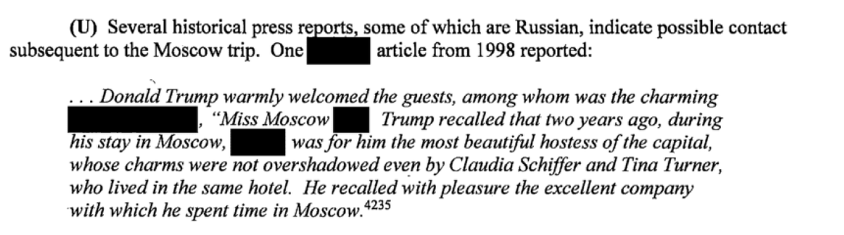 "Miss Moscow" is in fact only mentioned twice in the entire report. Here are both mentions. 1. A news article, translated from Russian, from 1998. Note "Miss Moscow" is in inverted commas (I'll come back to that). 2. Footnote from architect Theodore Liebman's interview.