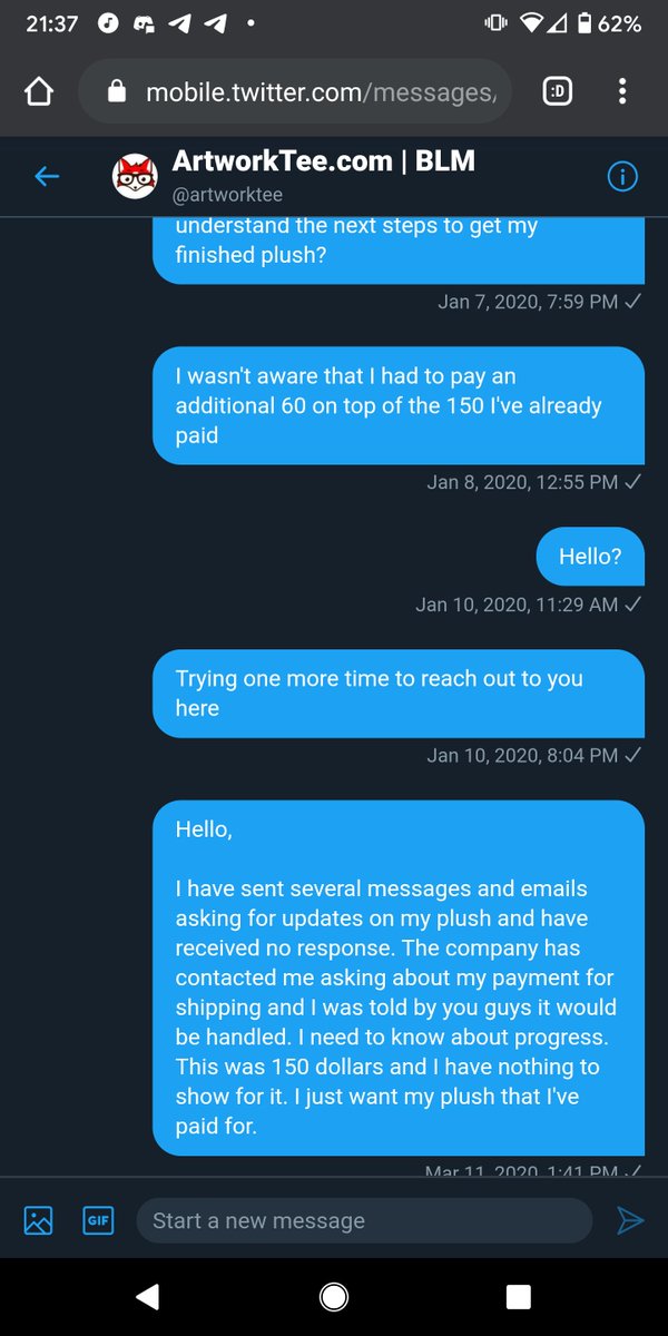 I sent several messages over the next couple days with no response. I was scared and worried. I eventually got a reply on my email and was told it would be forwarded to the person handling their twitter.