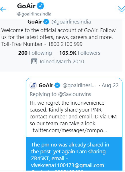 Saviourwins's tweet photo. I was wondering how efficient is the customer care service of @goairlinesindia . They responded in my previous tweet asking for the details and then never come back again. 
I am thinking the response was just to show the world that they care, when they actually don't. https://t.co/p7U4tOadPg