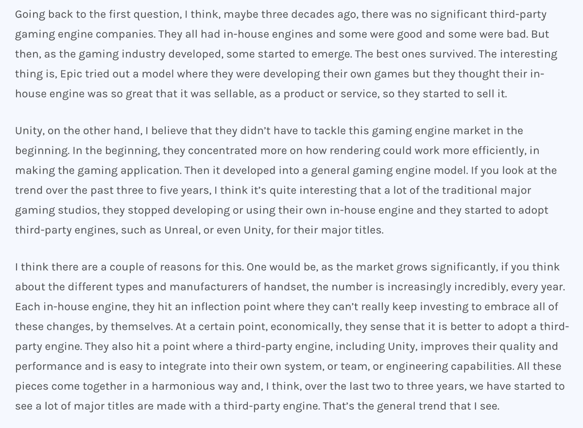 Unity's philosophy is to focus on building technologies to help developers succeed. Epic has a somewhat different agenda because they are also a publisher
