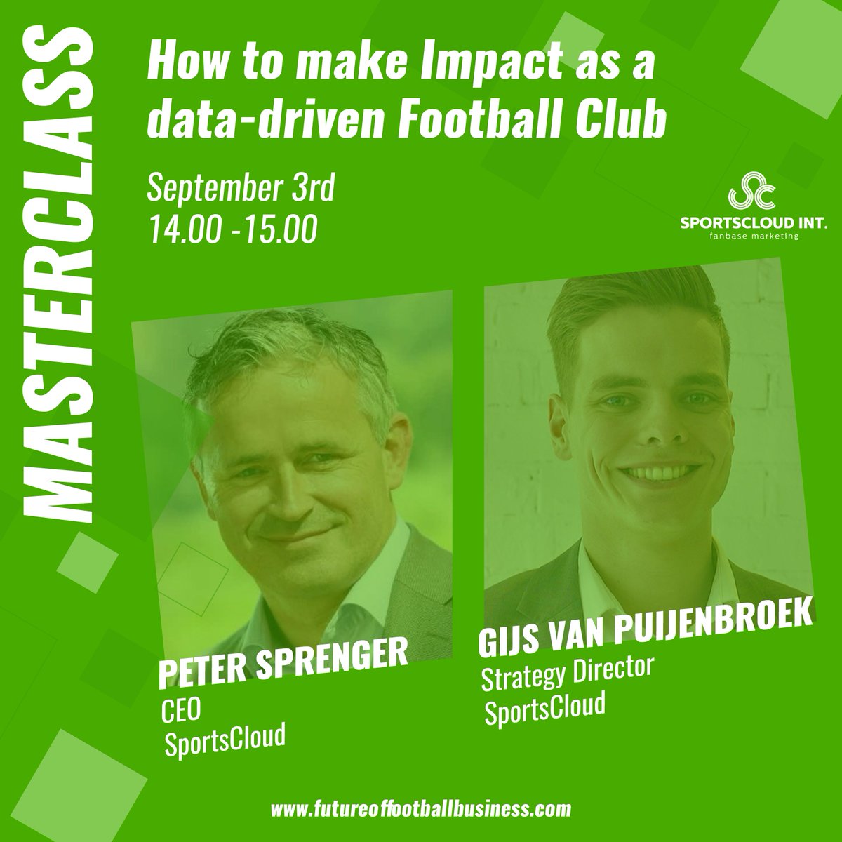 We are proud to contribute to the FUTURE OF FOOTBALL BUSINESS conference! 👏

On Thursday 3 September, <a href="/Petersprenger/">Peter Sprenger</a> and <a href="/GvPuijenbroek/">Gijs van Puijenbroek</a> will give a masterclass on how to make an impact as a data-driven football club. Join us next week!

Tickets👉futureoffootballbusiness.com/tickets