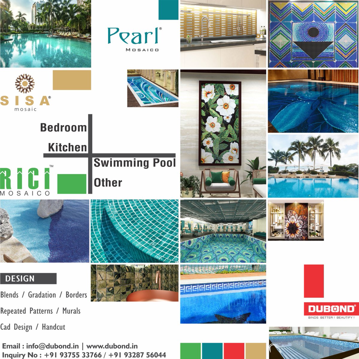 Under the Dubond flagship we manufacture all types of Construction Chemical materials, glass mosaics and crystal glass mosaics of various shapes, sizes and designs widely used in swimming pools, exteriors, interior, kitchens, bath rooms, other areas to be highlighted, pillars.
