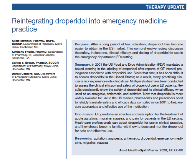 Nadia_EMPharmD's tweet photo. For clinicians seeking to re-introduce droperidol into their practice in the emergency department, this article in @AJHPOfficial highlights it all. Fantastic work from @AM_EM_PharmD @kb_friend @CBthePHARMD @CabreraERDR: 
https://t.co/7mQzUxrMEt https://t.co/3v9mDvYdMn